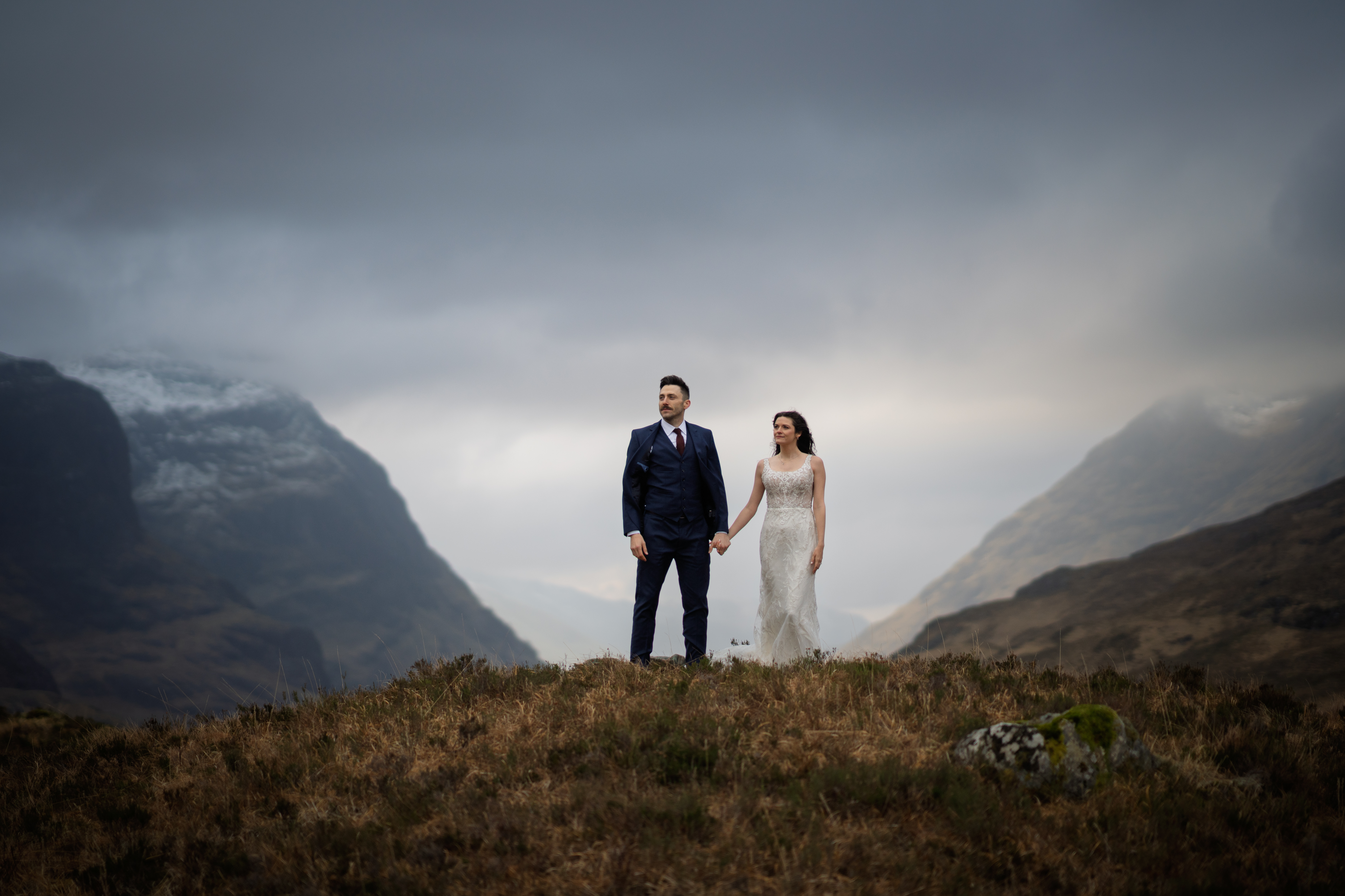 A couple at their Scottish elopement during golden hour